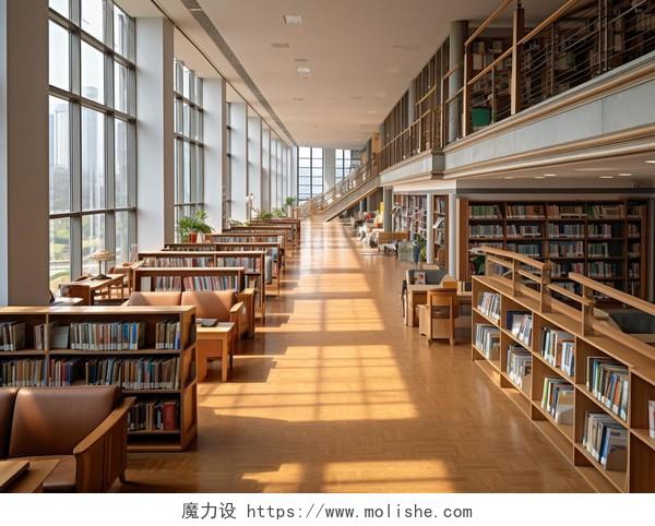 陈列整齐的图书馆空旷的图书馆开学季学校校园学生教育培训学习
